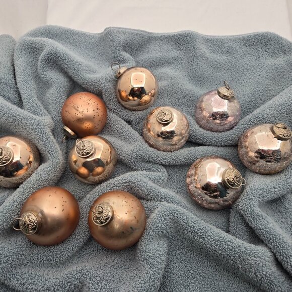 Rare! Set of 10 Rose Gold Kugel Style Crackle Mercury Glass Ornaments - Heirloom - Picture 1 of 10